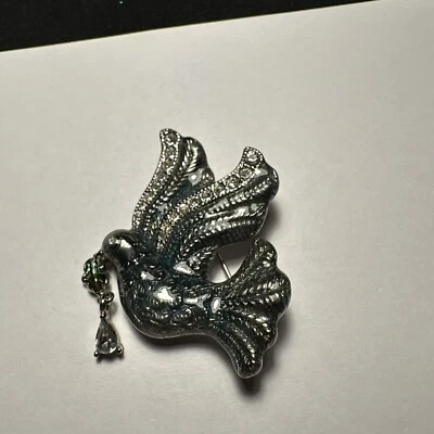 Broche prendedor plateado esmaltado y estrás Monet Dove Bird firmado Foto 1 de 4