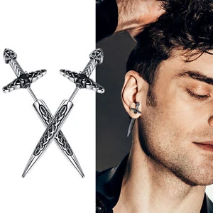 Punk Viking Celtic Knot Sword Dagger Stud Earrings Stainless Steel Goth Jewelry - Picture 1 of 7