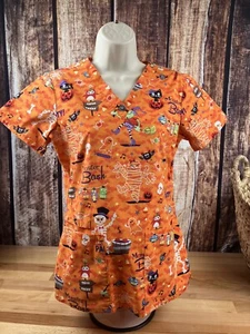 Cherokee Scrub Top X-Small Halloween Orange,cats,owls,ghost,mummies 2 Pockets - Picture 1 of 12