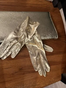Vintage Gold Glitter Foil Clutch Hand Bag Purse & Matching Gloves - Picture 1 of 8