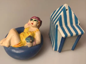 Beach Scene Salt And Pepper Set Lady On Float And Sand Tent - Picture 1 of 6