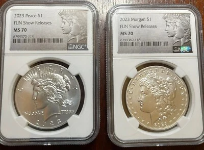 2023 NGC MS 70 Morgan & Peace Silver Dollar Coins in VERY RARE Fun Show Releases - Image 1 of 2