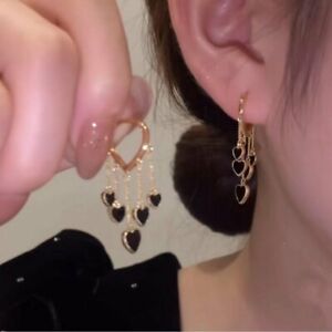 Fashion Black Heart Tassel Stud Earrings HooP Drop Dangle Women Party Jewelry