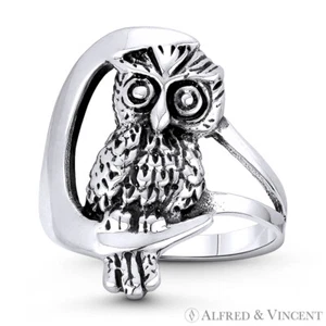 Owl Knowledge & Wisdom Animal Charm Oxidized .925 Sterling Silver Statement Ring - Picture 1 of 1
