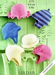 Sirdar-3173 "COPY" 6 Different style Hats Crochet Pattern 0-6 yrs 8 ply - Picture 1 of 3