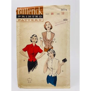 Butterick 6074 Pattern, 3 Vintage 1952 Weskit Blouses, Size 12, Bust 30, UNCUT - Picture 1 of 2