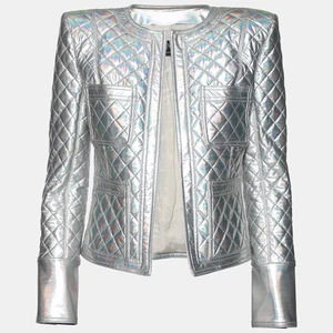 Balmain Silver Holographic Quilted Open Front Jacket M - Picture 1 of 5