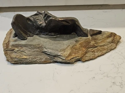 Vintage Mid-20th-Century Bronze Figural Person Brutalist Sculpture, On Shale  - Image 1 of 4