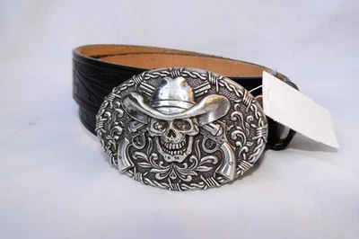 Novo cinto Silver Creek couro preto esqueleto caveira de caubói fivela de prata tamanho 26 - Imagem 1 de 4