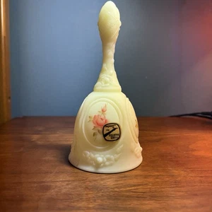 Fenton Uranium Custard Glass Bell Hand Painted Roses Signed Glow Vaseline 7” - Picture 1 of 14