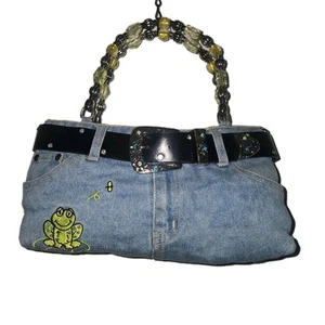 Jeansblaue Jeans Handtasche mit Frosch Biene Gürtel Strass Glitzer - Bild 1 von 14