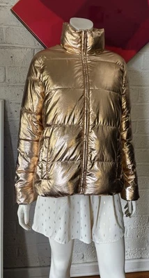 Chaqueta acolchada metálica dorada rosa M brillante invierno cálida de moda forrada de lana blanca Foto 1 de 4
