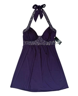 Nuevo con etiquetas Mini Vestido Corto Love Tease Halter Corbata Brillante Cuentas Púrpura Para Mujer Talla XL Foto 1 de 4