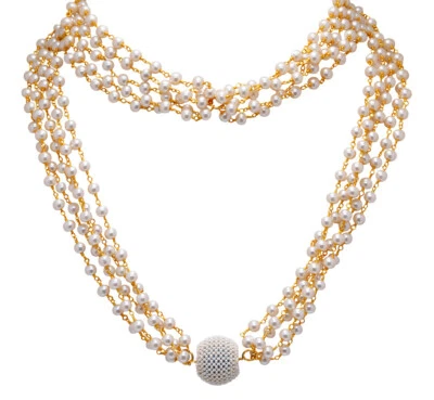 Pearl & Turquoise Gemstone Long Knotted Chain In Silver For Unisex CM1110 - Image 1 of 4