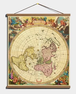 Antique 1696 Early Vintage Polar Ancient World Map Canvas Magnetic Wooden Hanger - Picture 1 of 15