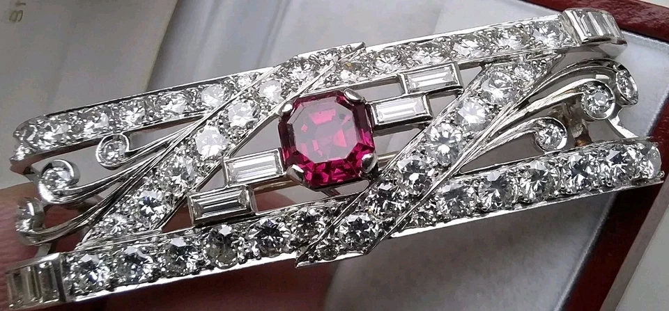Platinum 3.5Ct Diamond G Colour Cluster Ruby Large Art Deco Brooch Heavy 10g  - Image 1 of 4