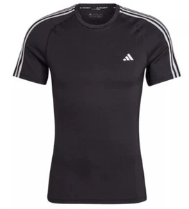 Adidas Men Tech-Fit 3-Stripe Shirts Running Black T-Shirt Tee GYM Jersey XL - Picture 1 of 10