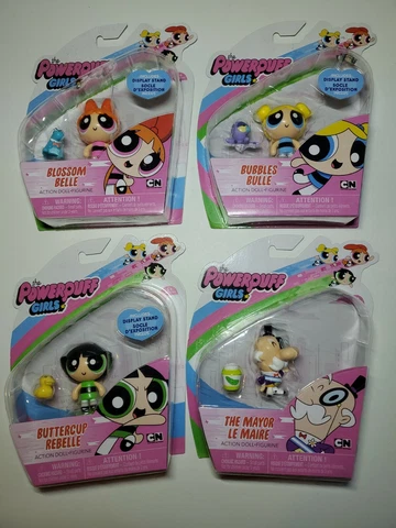4 New Powerpuff Girls Toy Set Blossom, Bubbles, Buttercup, Mayor 2" SpinMaster Cover