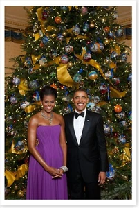 Barack Obama mit Michelle 2009 formelles Portrait Weihnachtsbaum Silberdampf Foto - Bild 1 von 1