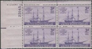 Plate Block of 4 stamps - Scott 923 - 3 cent - Steamship - 1944 - MNH - Picture 1 of 1