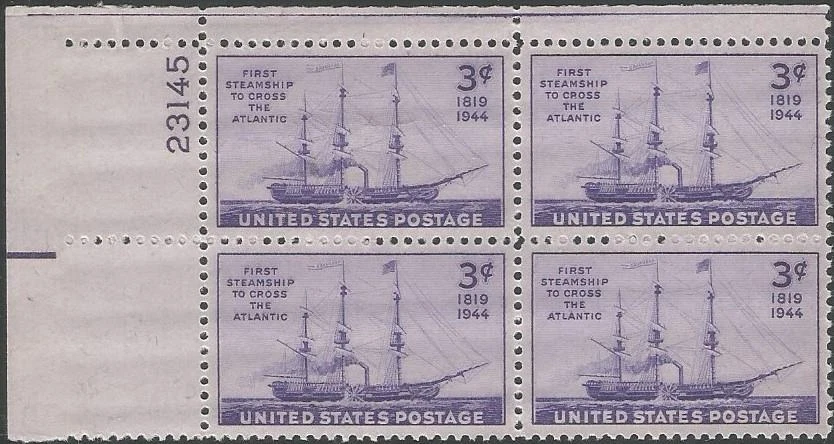 Plate Block of 4 stamps - Scott 923 - 3 cent - Steamship - 1944 - MNH - Image 1 of 1
