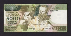 F.C. PORTUGAL , 5000 ESCUDOS 1989 , EBC- ( VF+ ) , DOBLECES VERTICALES , P.184b - Picture 1 of 2