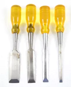Unbranded Wood Chisel Set of 4 with Yellow Plastic Handles 1" 3/4" 1/2" 1/4" - Picture 1 of 12