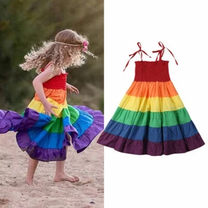 NEW Rainbow Girls Smocked Spaghetti Strap Twirl Dress 3T 4T 5T 6 7 - Picture 1 of 12