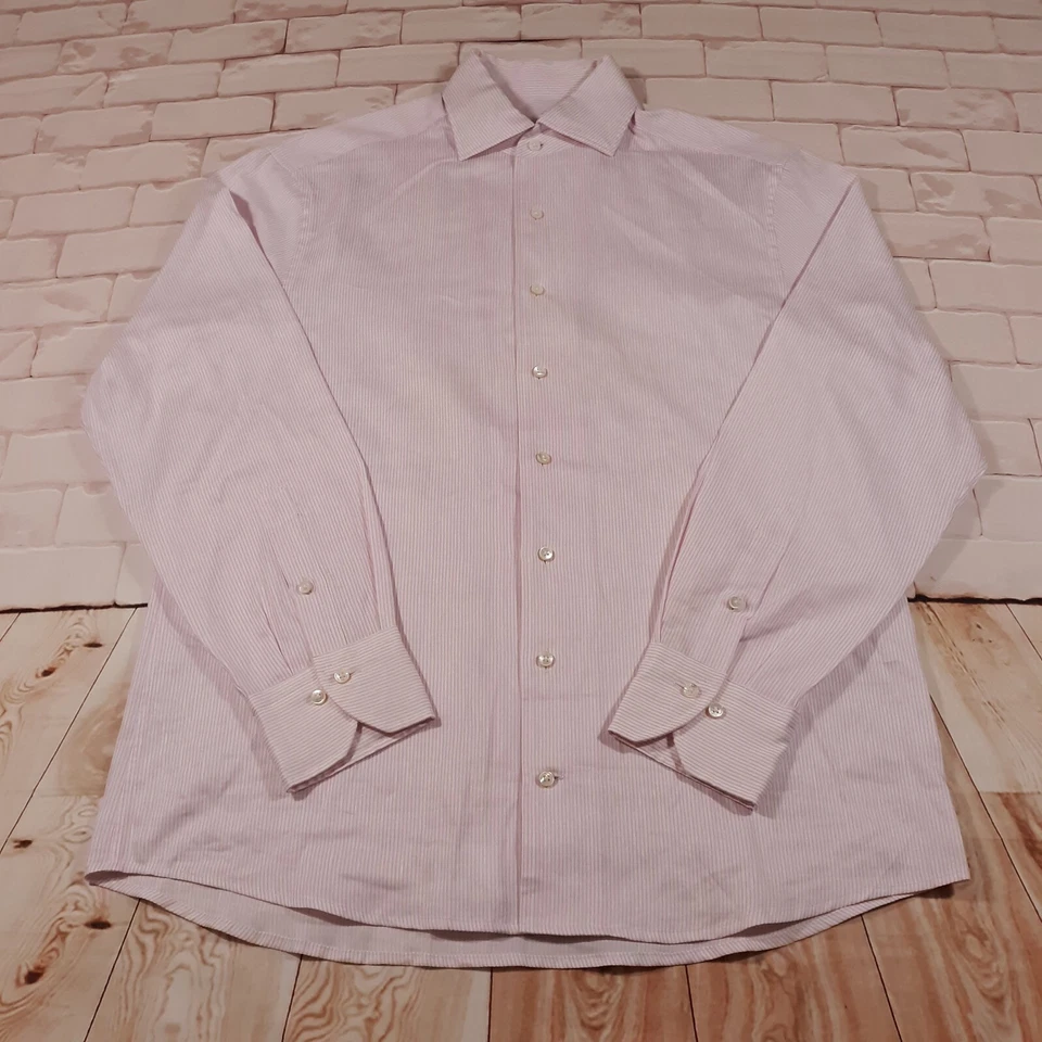 Stenstroms Dress Shirt Cotton Linen Blend Mens Large White With Pink Stripes - Image 1 of 4