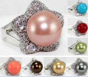 8Colors 12mm South Sea shell pearl Gemstone Jewelry Ring Size: 7 8 9 AAA Grade - Picture 1 of 9