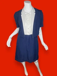 Mint! Vintage 70s Two Piece Dress Suit Set Navy Blue White Medium/Large Volup - Picture 1 of 14