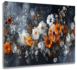 Gray Textured Plant Orange Floral Abstract Wall Art for Bathroom Living Room - Picture 1 of 15