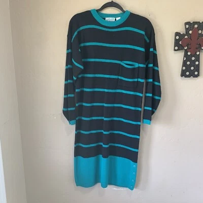 Vestido suéter vintage de pasillo central para mujer talla pequeña acrílico a rayas negro verde azulado Foto 1 de 4