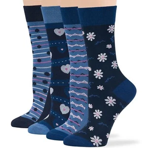 Women Bamboo Patterned Dress Crew Socks Large 4Pack Heart Dot Stripe Navy Blue - Picture 1 of 12