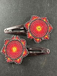 Pair of Native American Lakota Sioux Hand Beaded Leather Back Hair Barrettes