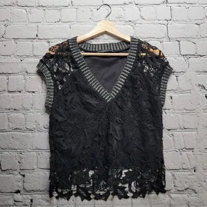 Zara Black Lace V Neck Cap Sleeve Blouse Size S - Picture 1 of 10