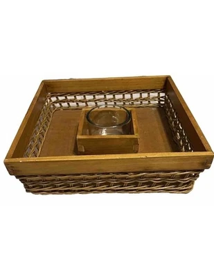 MCM Square Rattan Wood Trim Chip & Dip Serving Tray Basket 13” Center Glass Bowl - Image 1 of 4