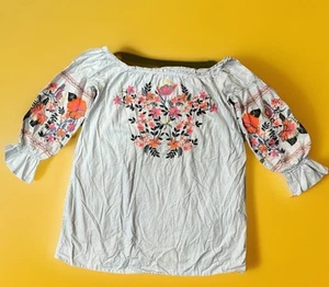 Blusa Campesina Free People Pequeña Bordada Algodón Fuera del Hombro Azul Pálido Floral - Imagen 1 de 12