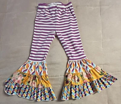 Pantalones de campana elásticos geométricos florales a rayas con volantes para niñas blancas moradas 2XL Foto 1 de 4