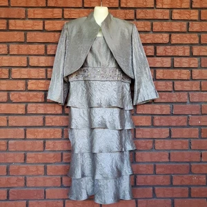R&M Richards 2-Piece Jacket Dress Sz 12 Tiered Embellished Gray Shimmer - Picture 1 of 17