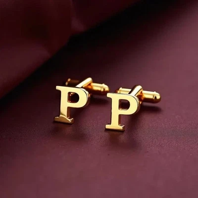 Gold Initial Cufflinks Alphabet Letter P Men Cuff Links Set For Mans Gift - Image 1 of 4