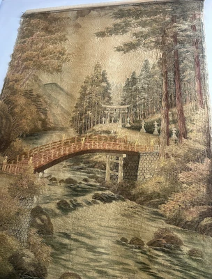 Antiguo tapiz de paisaje asiático japonés costura arte textil colgante de pared A+ Foto 1 de 4