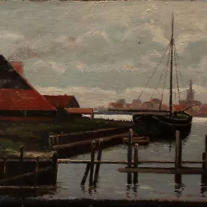 Walter Leistikow nach Küstenort Impressionismus Schrabach sign Öl Schiefer 1908 - Bild 1 von 4