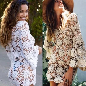 Crochet Swimwear Mesh Beach Dress Long Sleeve Bikini Cover up Summer Beachwear - Picture 1 of 15