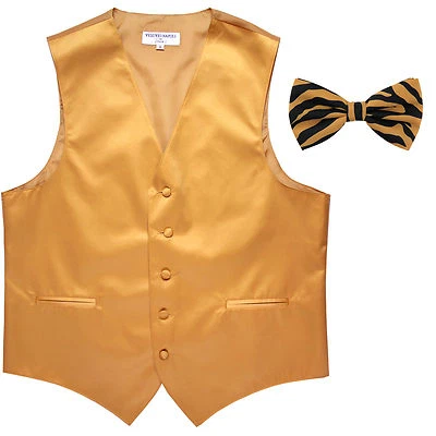 New Men's Formal gold Vest Tuxedo Waistcoat tan ZEBRA Bowtie wedding party prom - Image 1 of 4