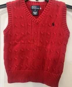 Polo Ralph Lauren Sweater Vest Kids Size 4/4T Red V Neck Cable Knit Sleeveless - Picture 1 of 3
