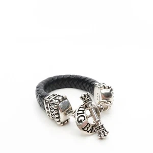 King Baby Studio Large Black Braided Leather Bracelet Silver 925 Crowns Size 6.5 - Picture 1 of 8