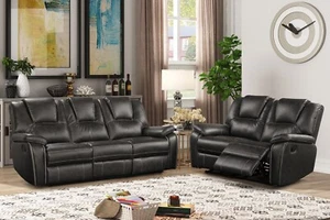 2-Pc Manual Reclining Sofa Set, Modern Living Room Air Leather Couch Set, Gray - Picture 1 of 3