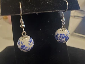 White & Blue Bead Earrings-Pierced - Picture 1 of 2