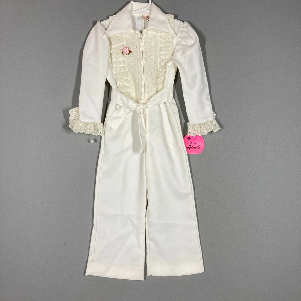 Traje de discoteca de los años 70 para niñas mono mameluco blanco con volantes de encaje nuevo con etiquetas 4T simplemente adorable  Foto 1 de 4